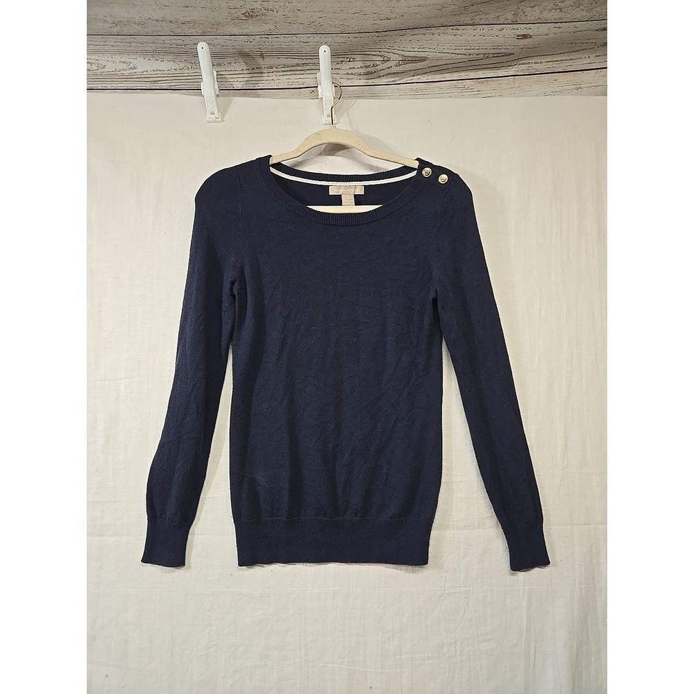 Banana Republic Navy Round Neck Merino Wool Blend Sweater Women XS Gold Buttons
